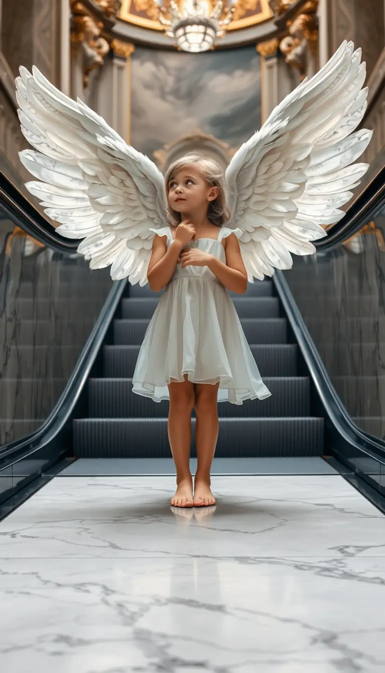 Angel girl on an escalator in a grand baroque hall