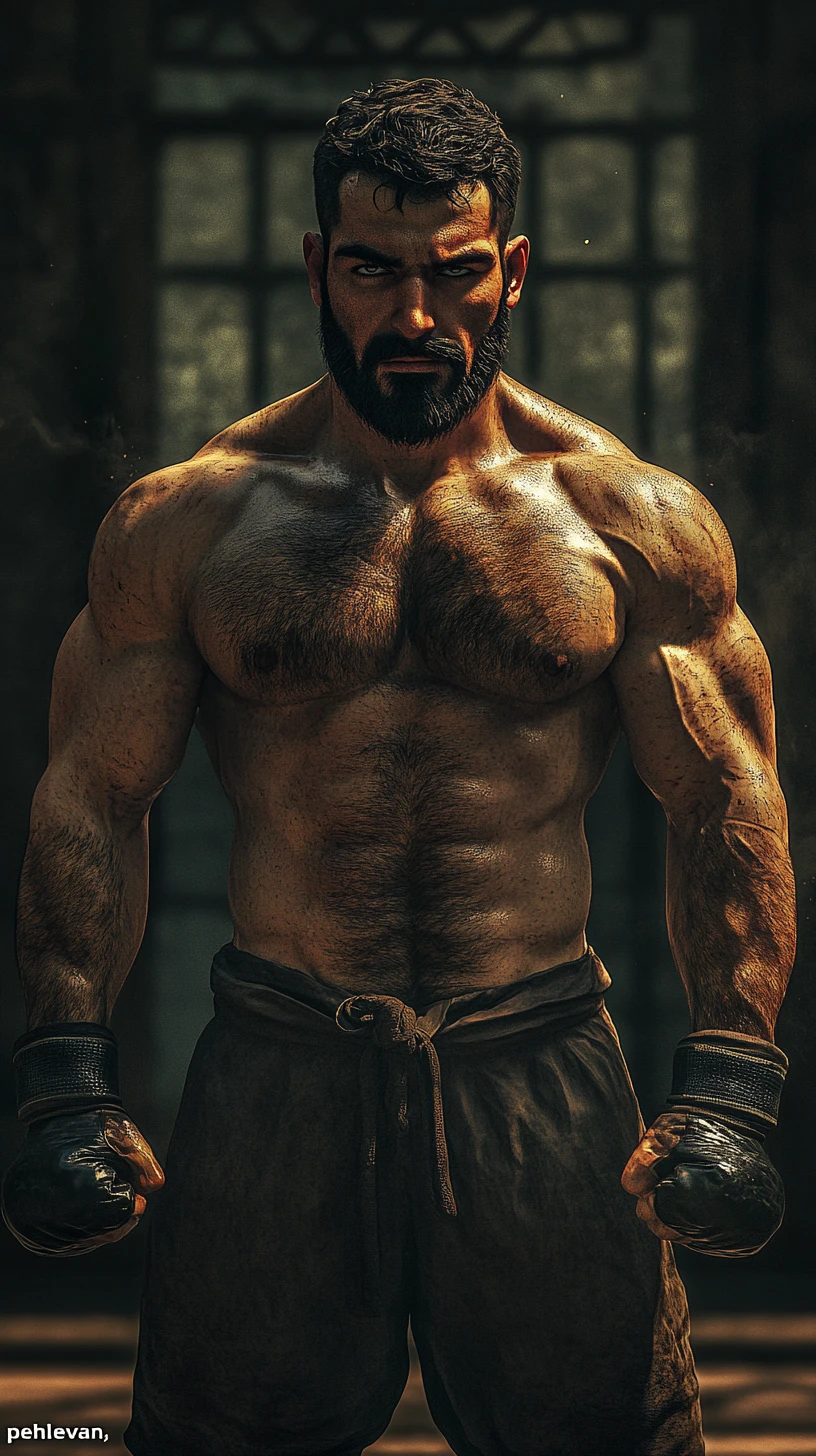 Oil slicked turkish wrestler in tense fighting stance