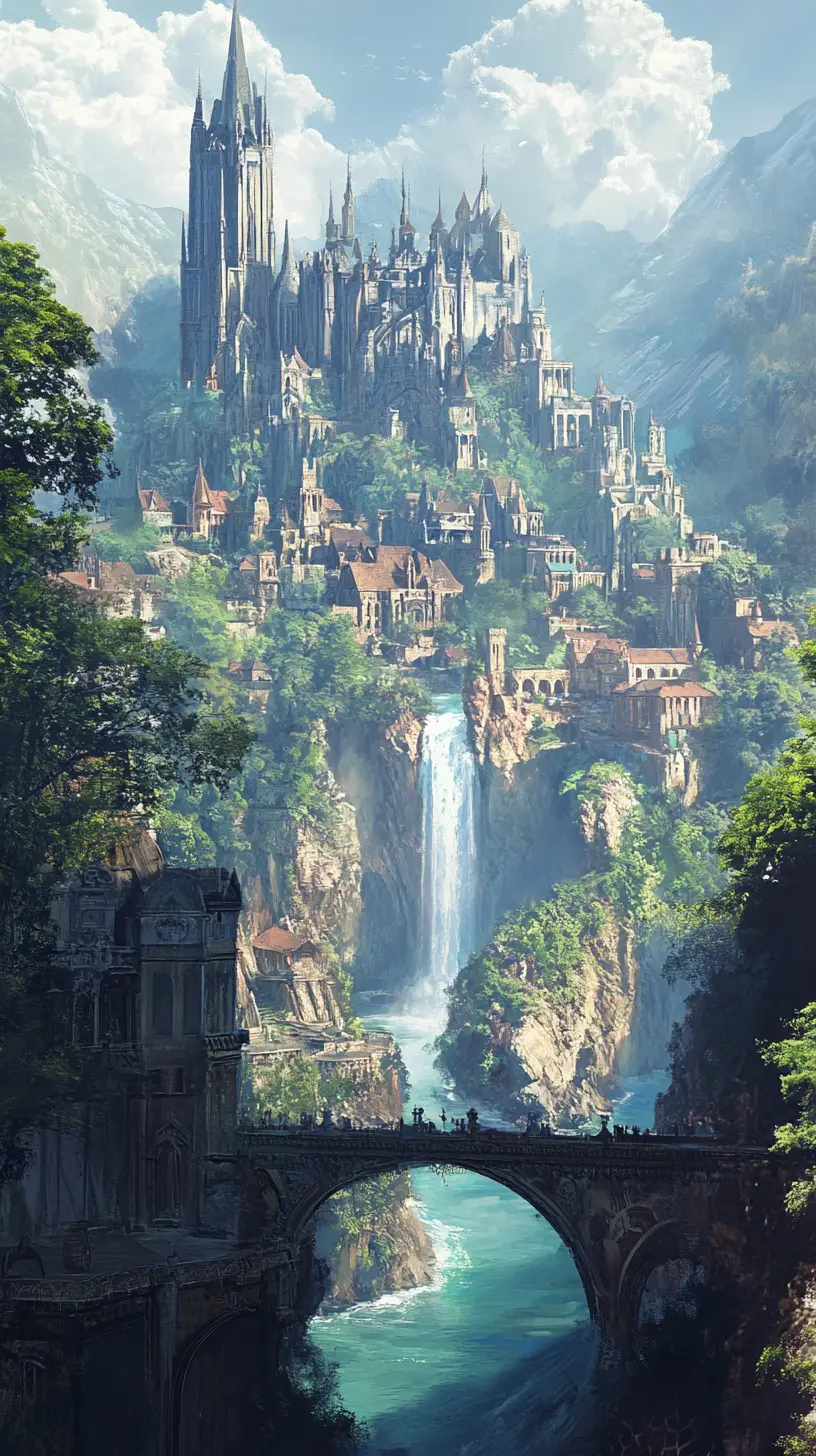 Mystical gothic city rising above forests and ocean