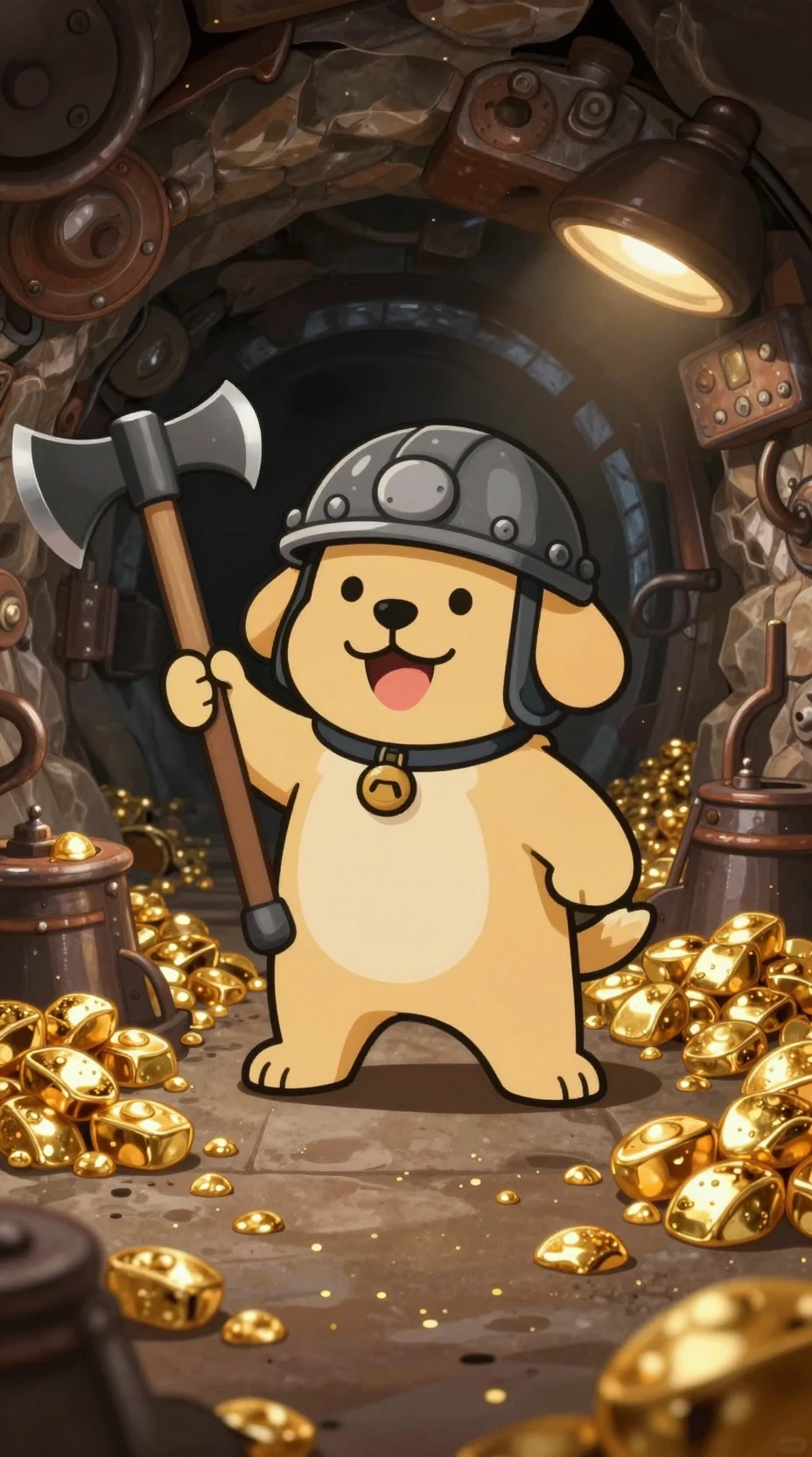 Cartoon dog miner smiling in a gold filled tunnel