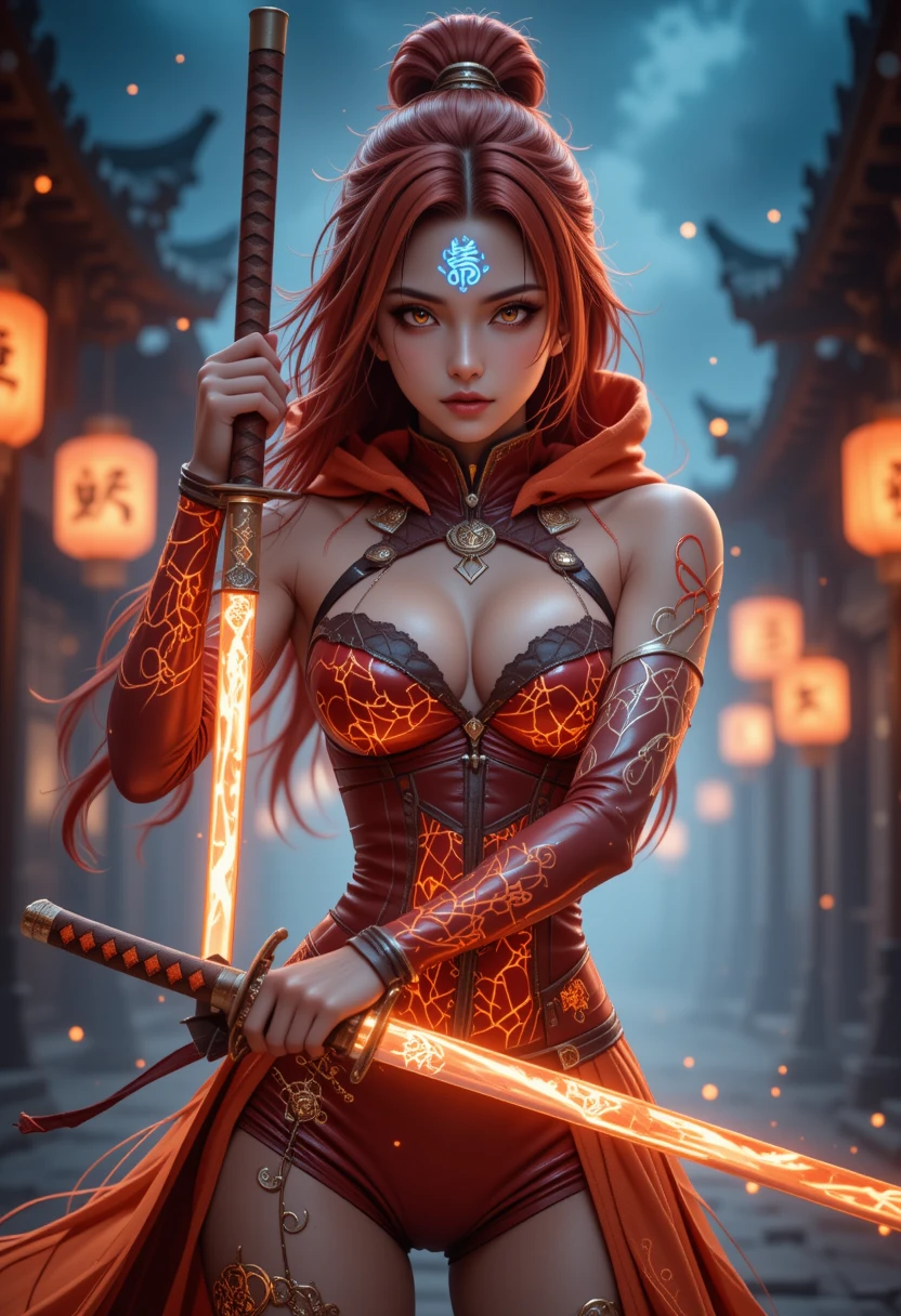 Anime warrior woman with glowing runes and katana