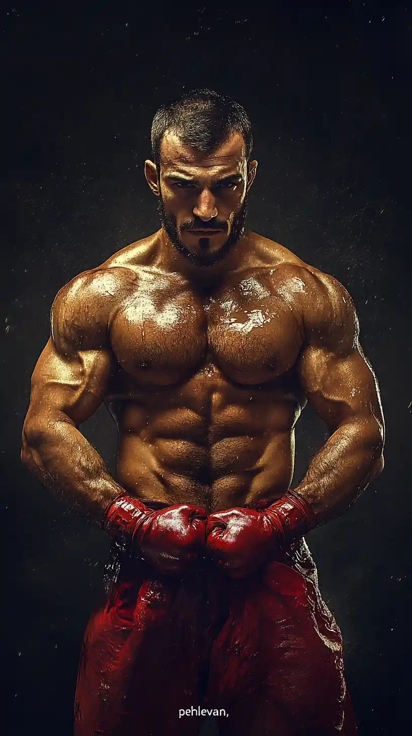 Oiled Turkish wrestler posing in a strong fighting stance