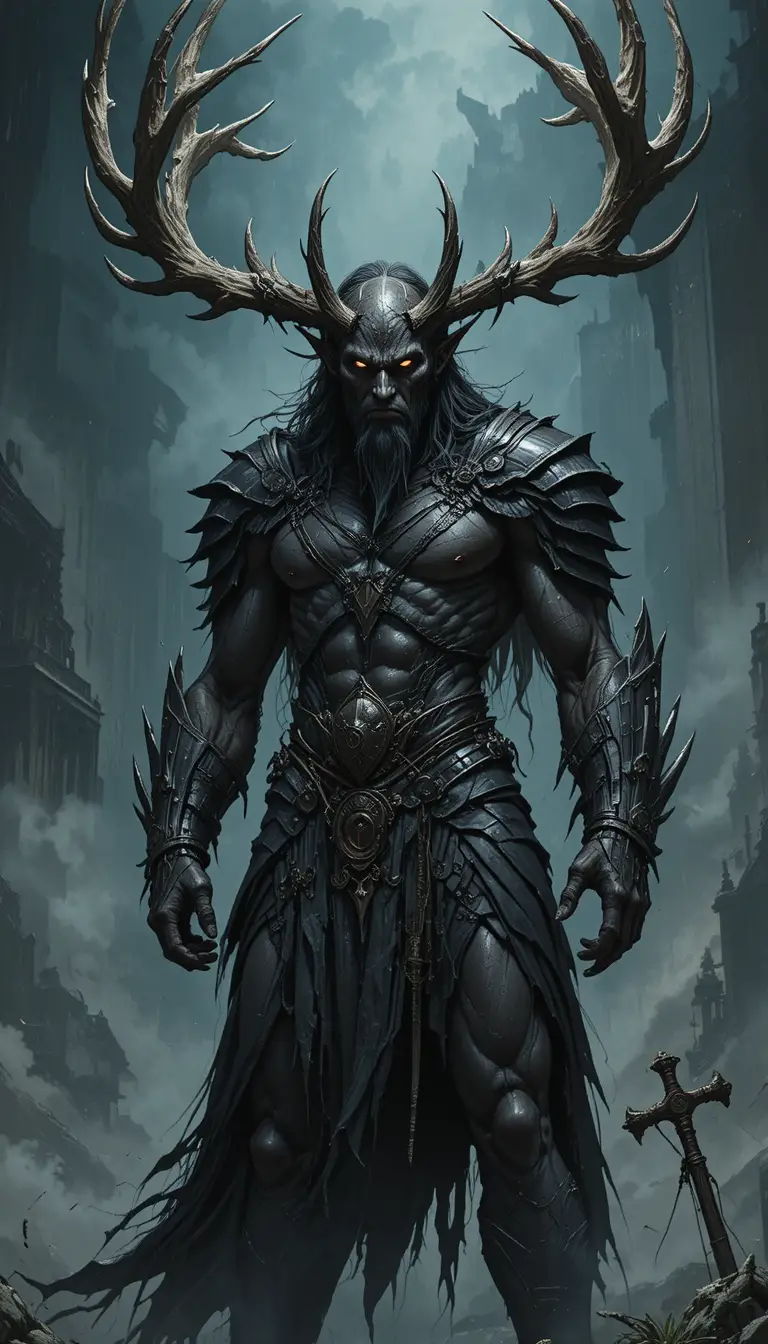 Dark fantasy centaur warrior with elk antlers and amber eyes