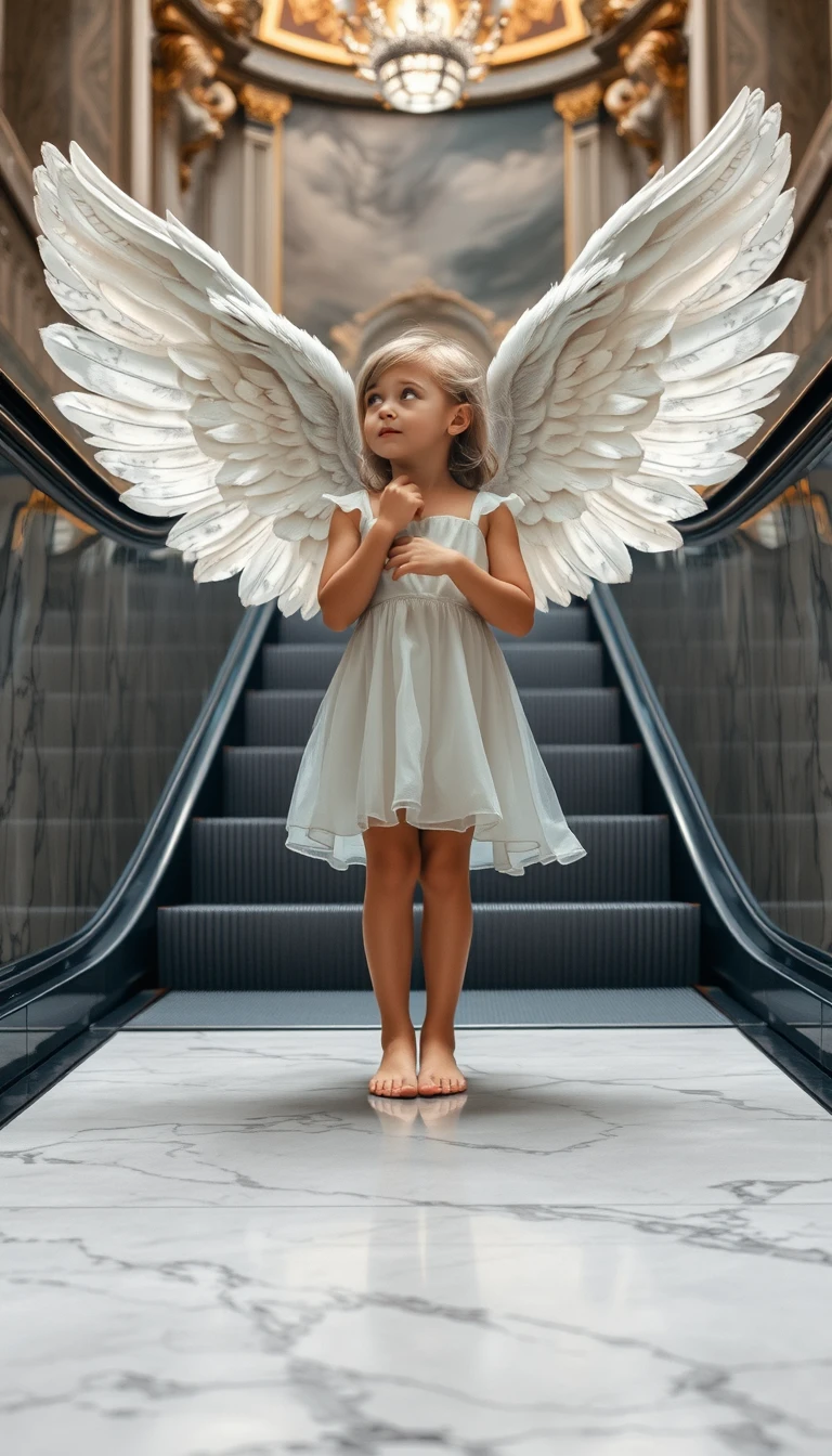 Angel girl on an escalator in a grand baroque hall
