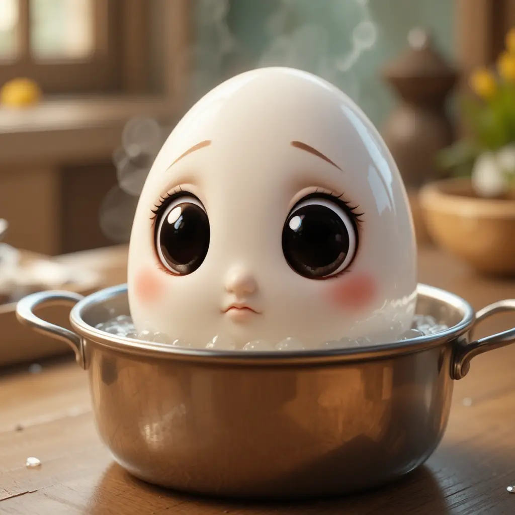 Cute 3D egg with big eyes boiling in a metal pot