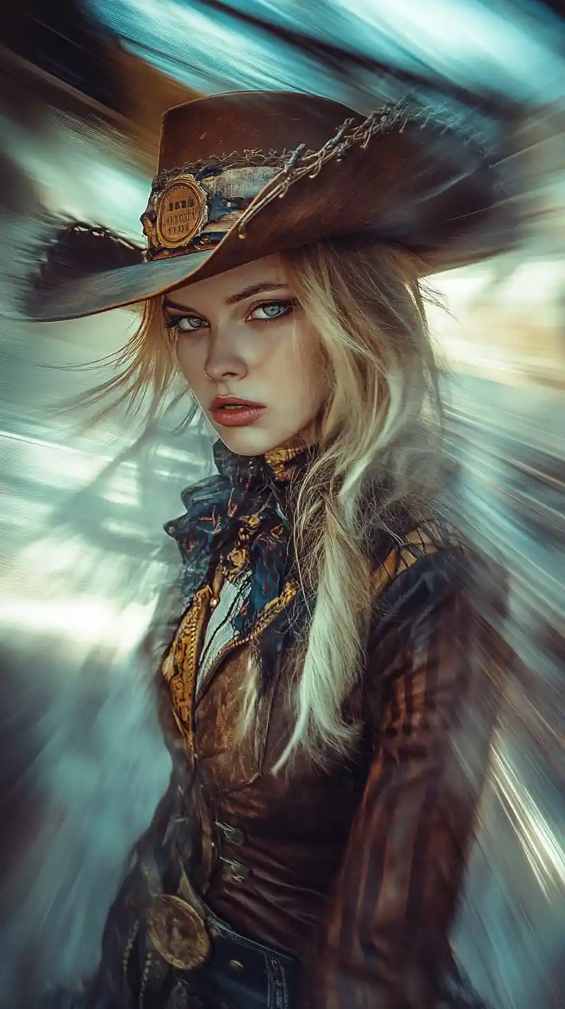 Anime cowgirl close up in a rustic western town