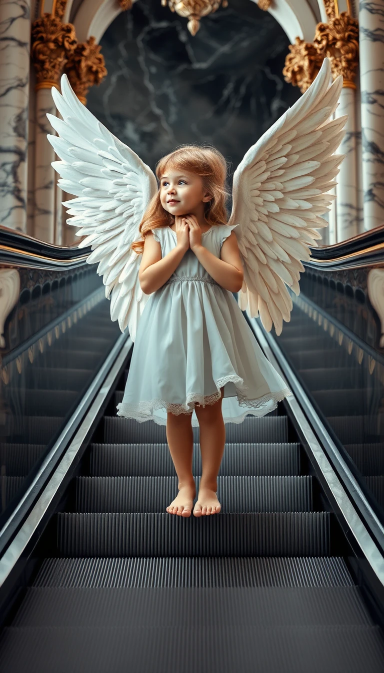 Fille ange debout pieds nus sur un escalator dans un hall en marbre