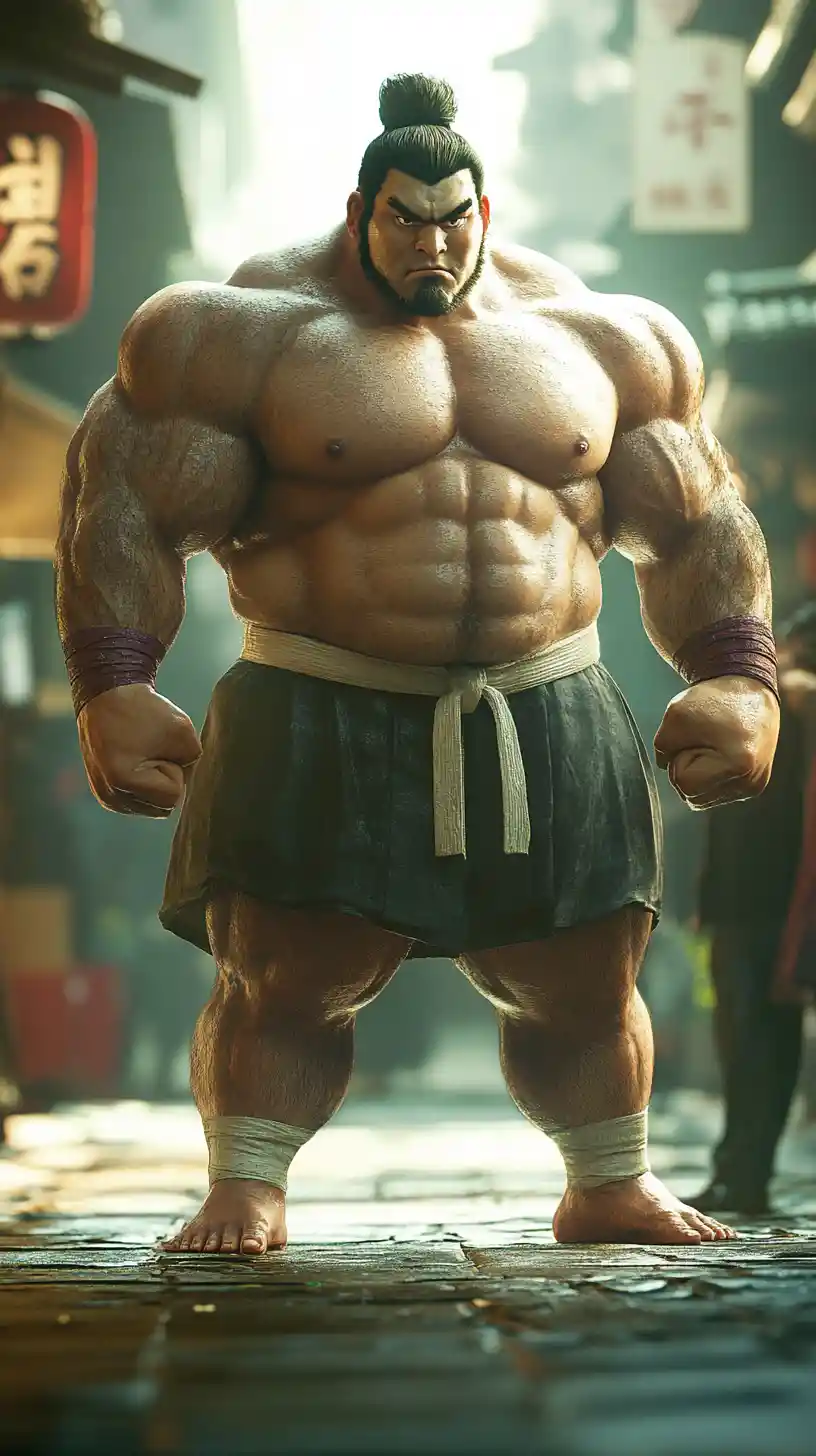 Puissant lutteur de sumo en posture de combat de rue façon anime