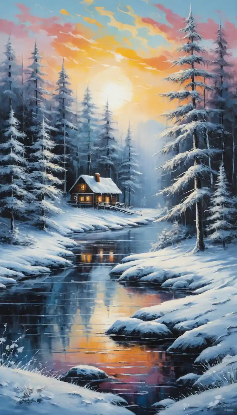 Serena pintura acrílica de un vibrante paisaje invernal