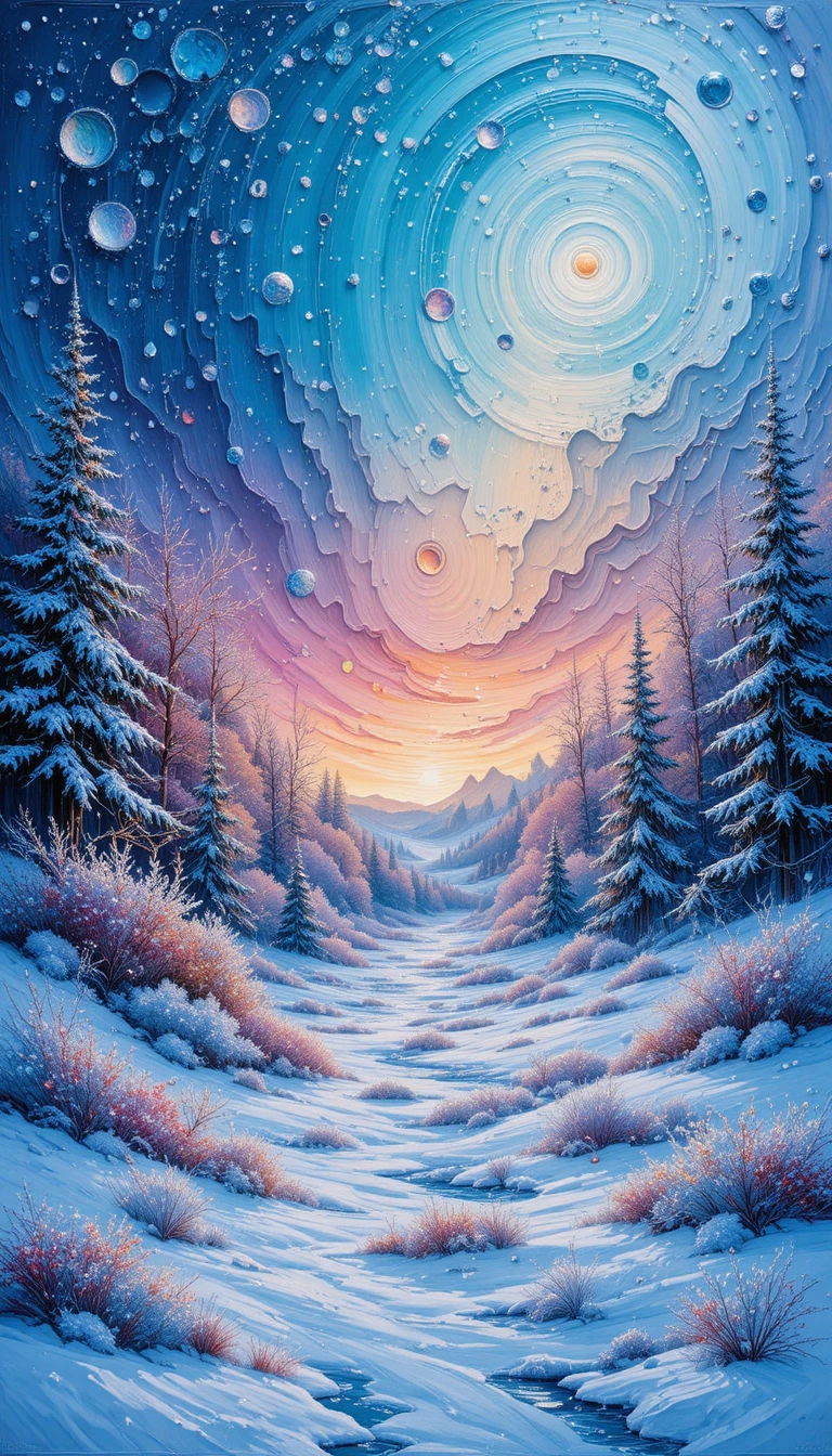 Stimmungsvolles Acrylgemälde einer farbenfrohen Winterlandschaft