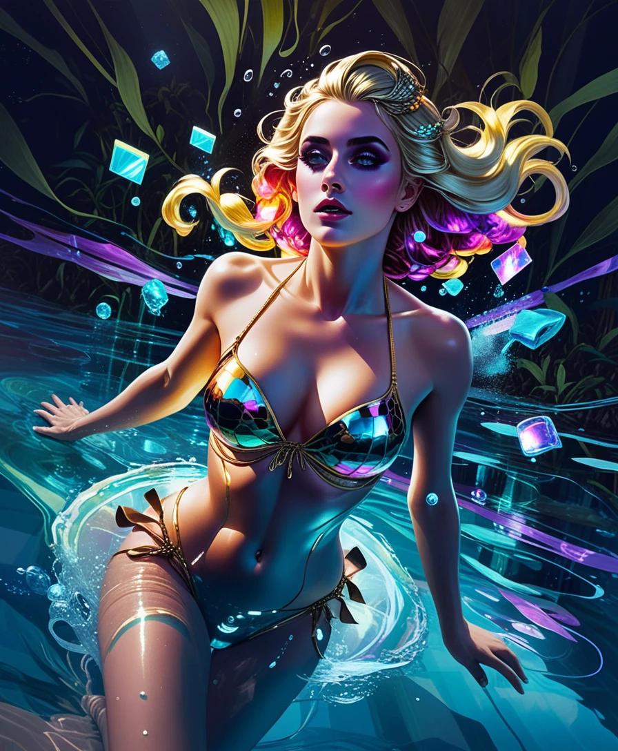 Ethereal blonde woman floating underwater in glowing light