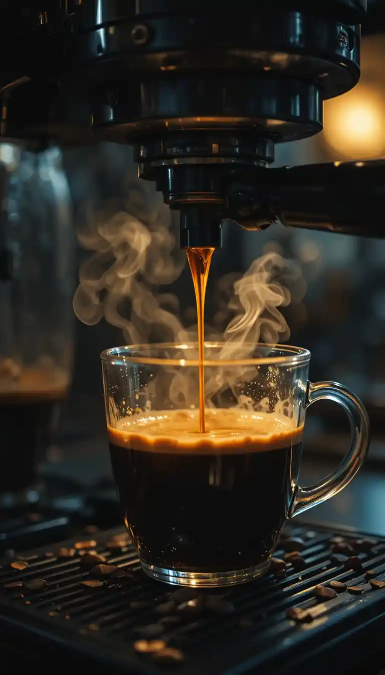 Primer plano de una cafetera preparando café en una taza de vidrio
