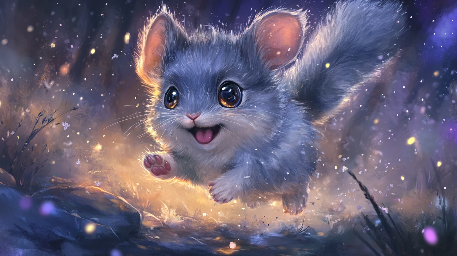 Bébé chinchilla joyeux bondissant dans un pré au clair de lune