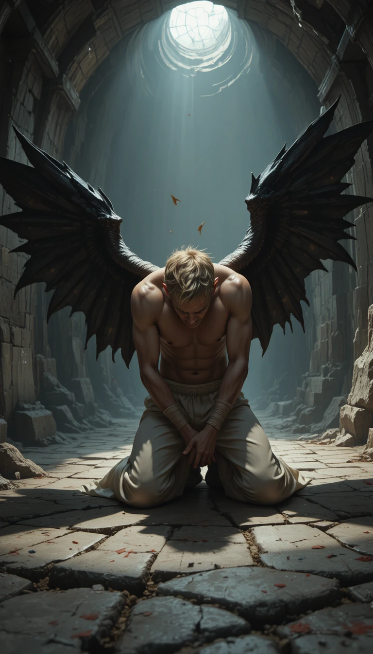 Winged man kneeling in a cavernous stone chamber