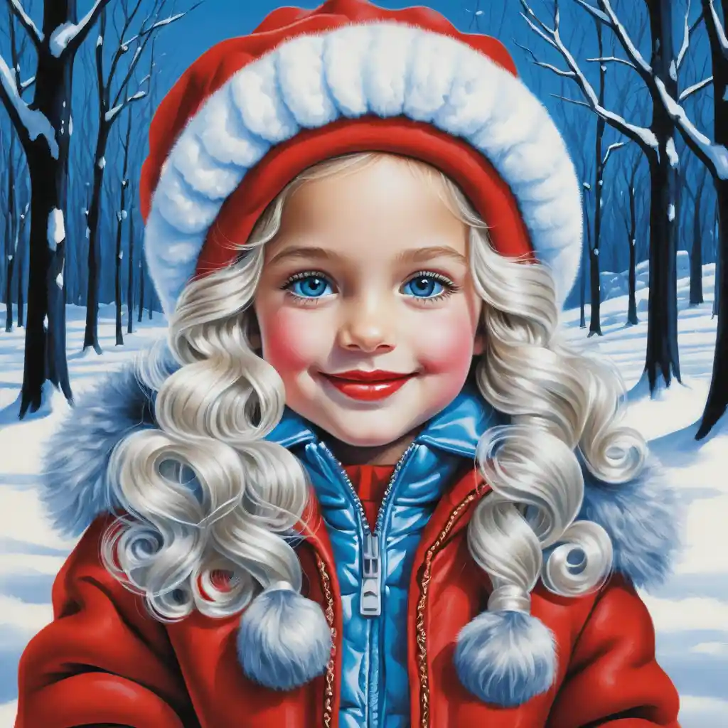 Smiling winter girl in red fur coat colored pencil portrait