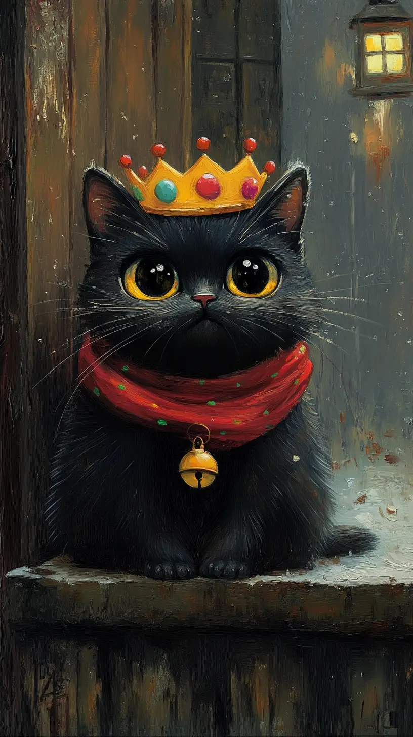 Round black cat with crown on antique stone surface