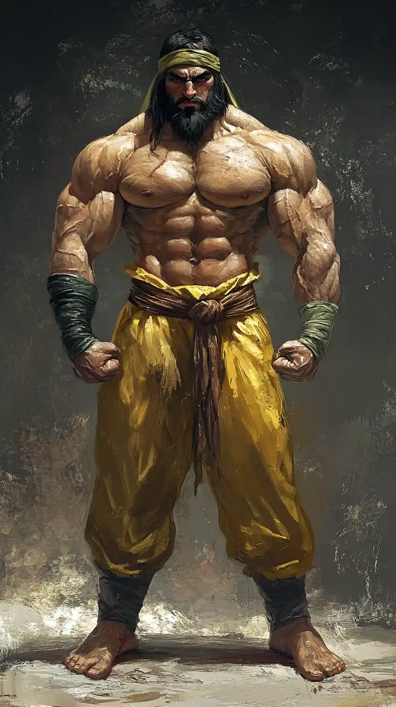 Anime pehlevan wrestler in tense street fighting stance
