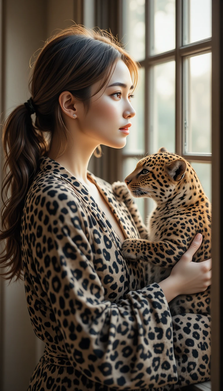Woman holding a leopard gazing softly out a window