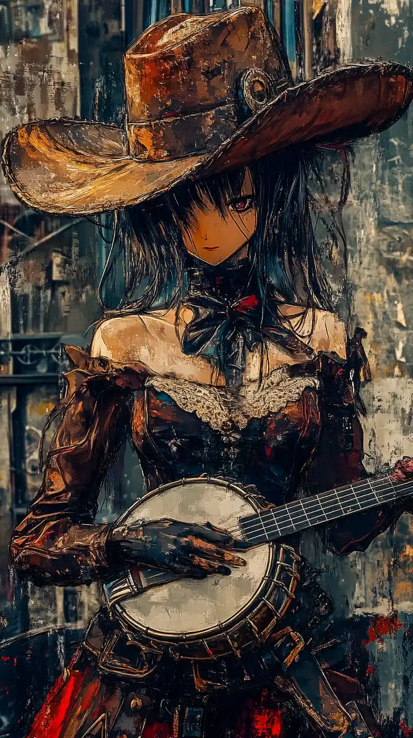Anime cowgirl close up in a rustic western town
