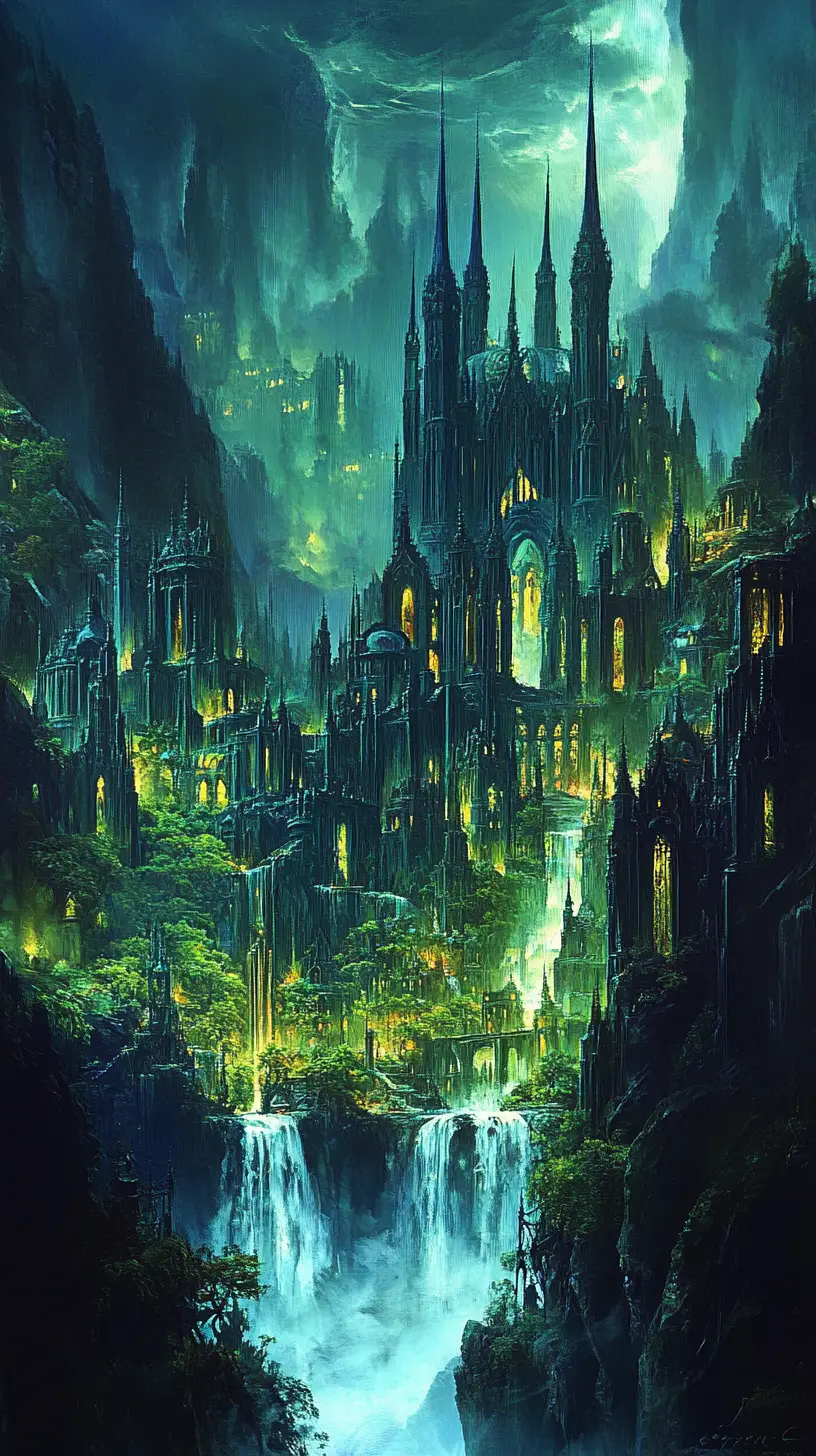 Mystical gothic city rising above forests and ocean