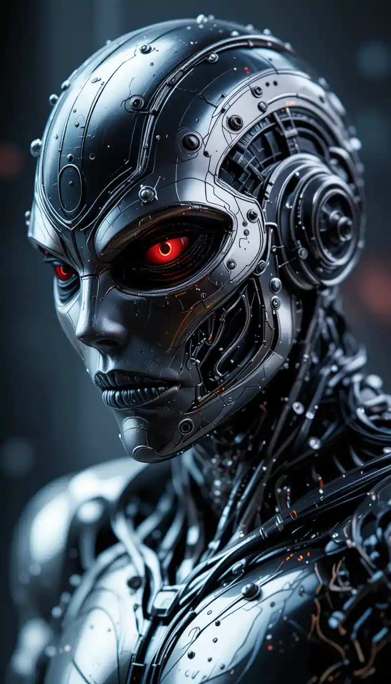 Cyborg menaçant en armure métallique noire et argent fixant l’horizon