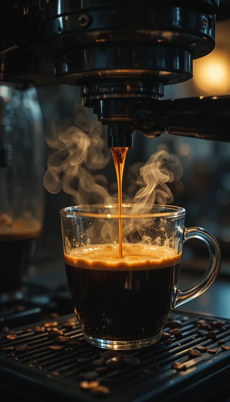 Primer plano de una cafetera preparando café en una taza de vidrio