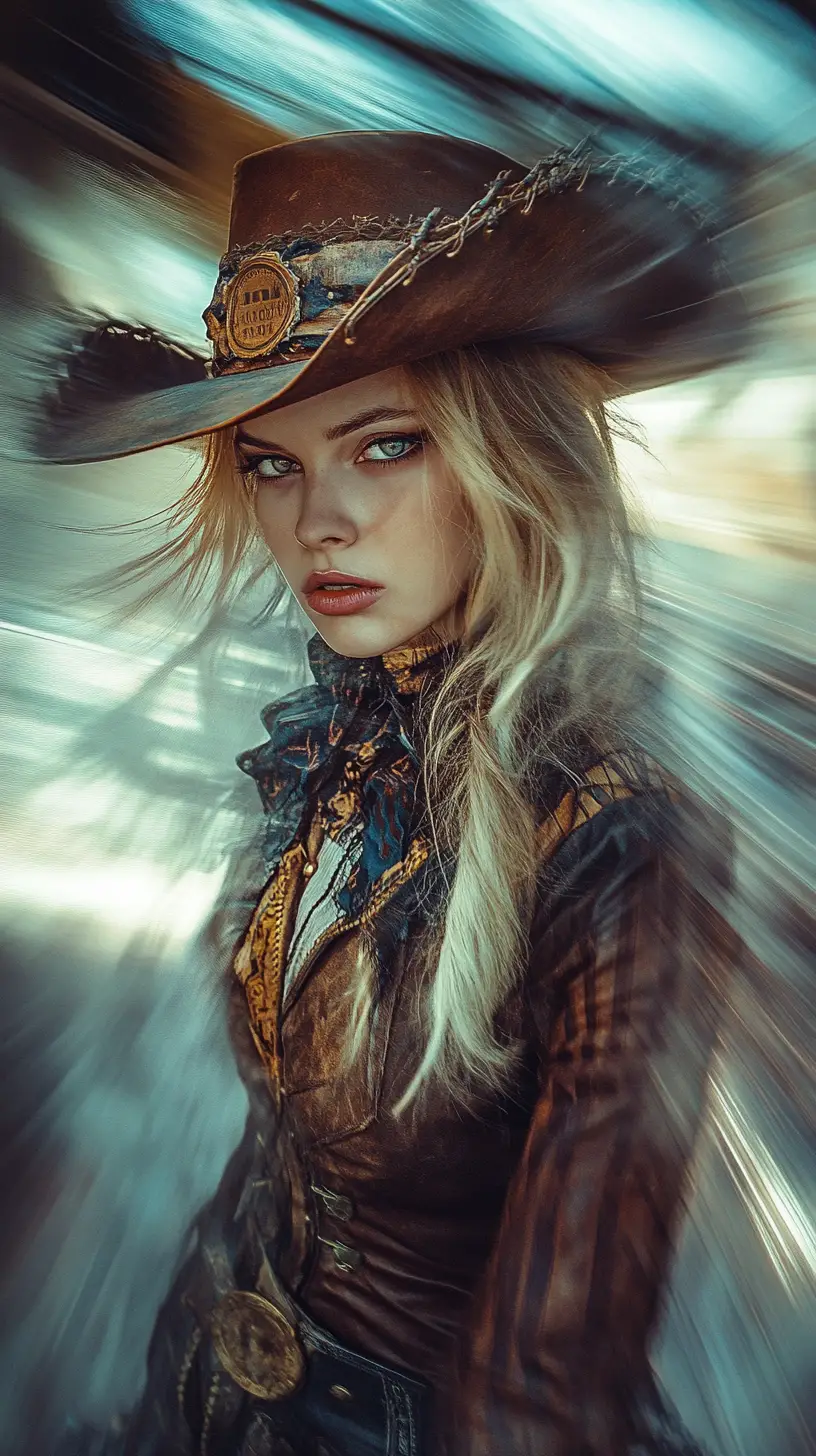 Anime cowgirl close up in a rustic western town