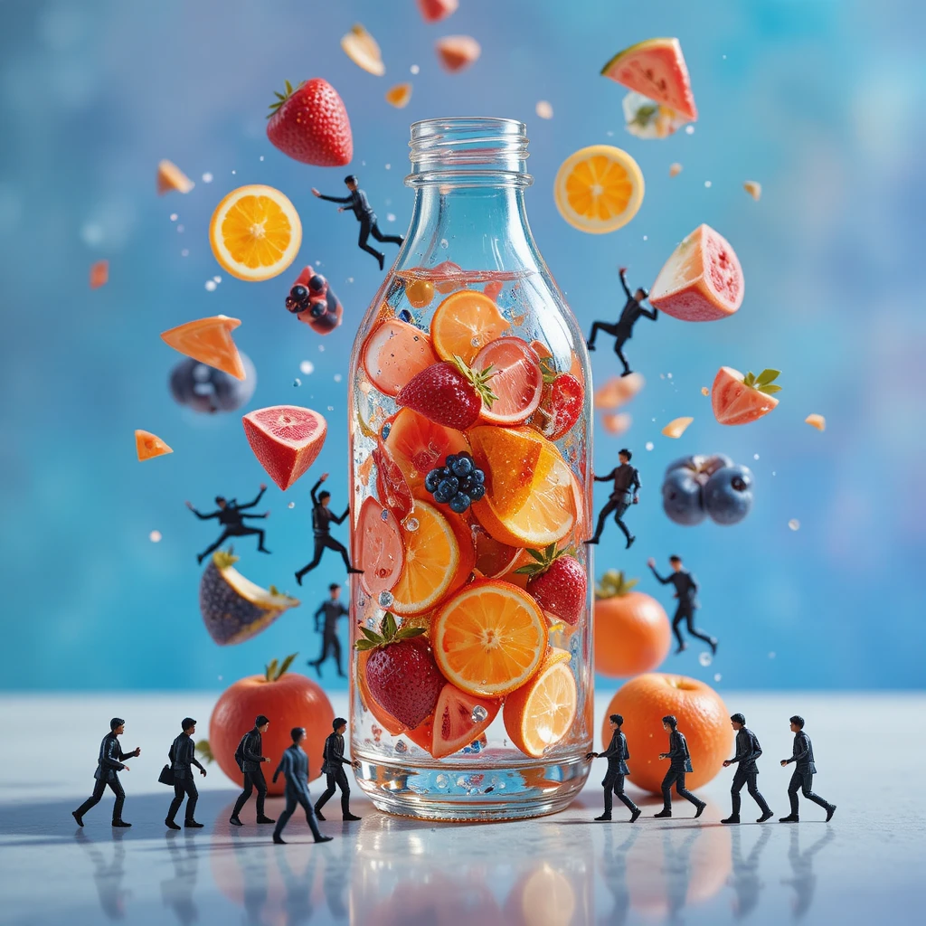 Bottiglia di vetro con minuscole figure e fette di frutta volanti