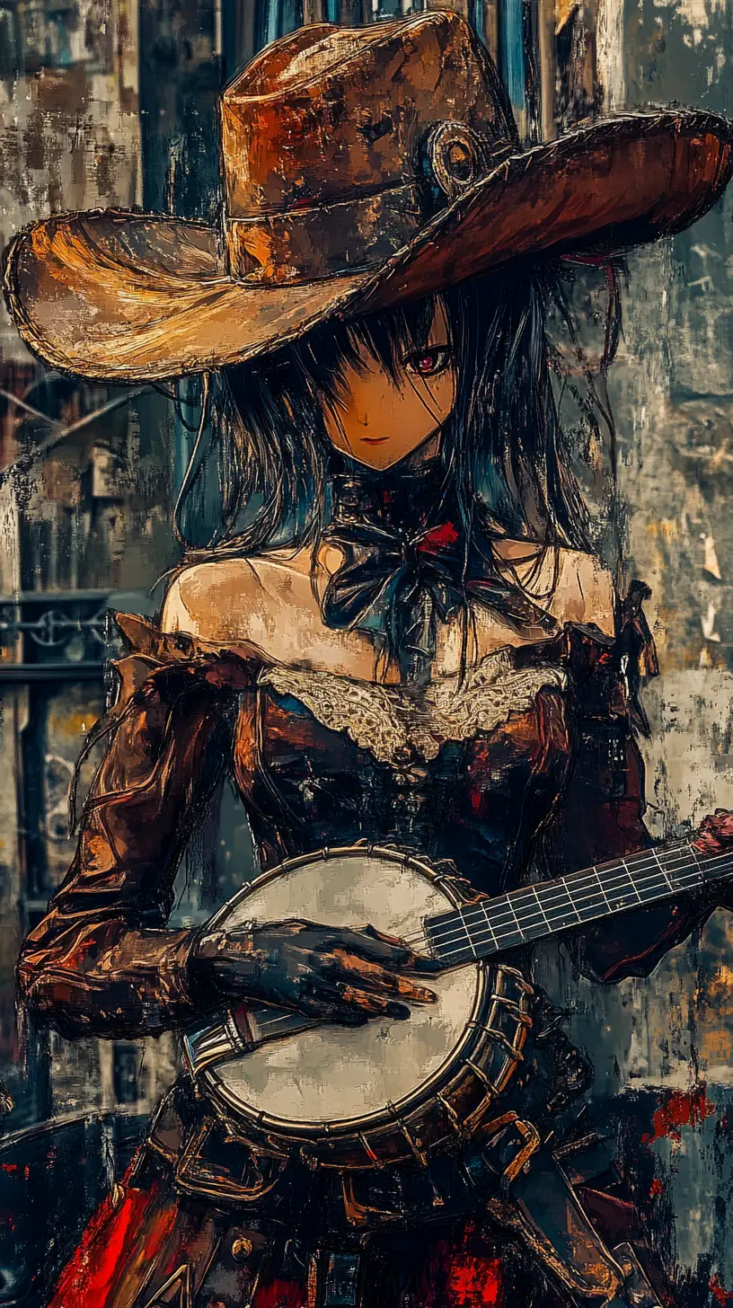 Anime cowgirl close up in a rustic western town