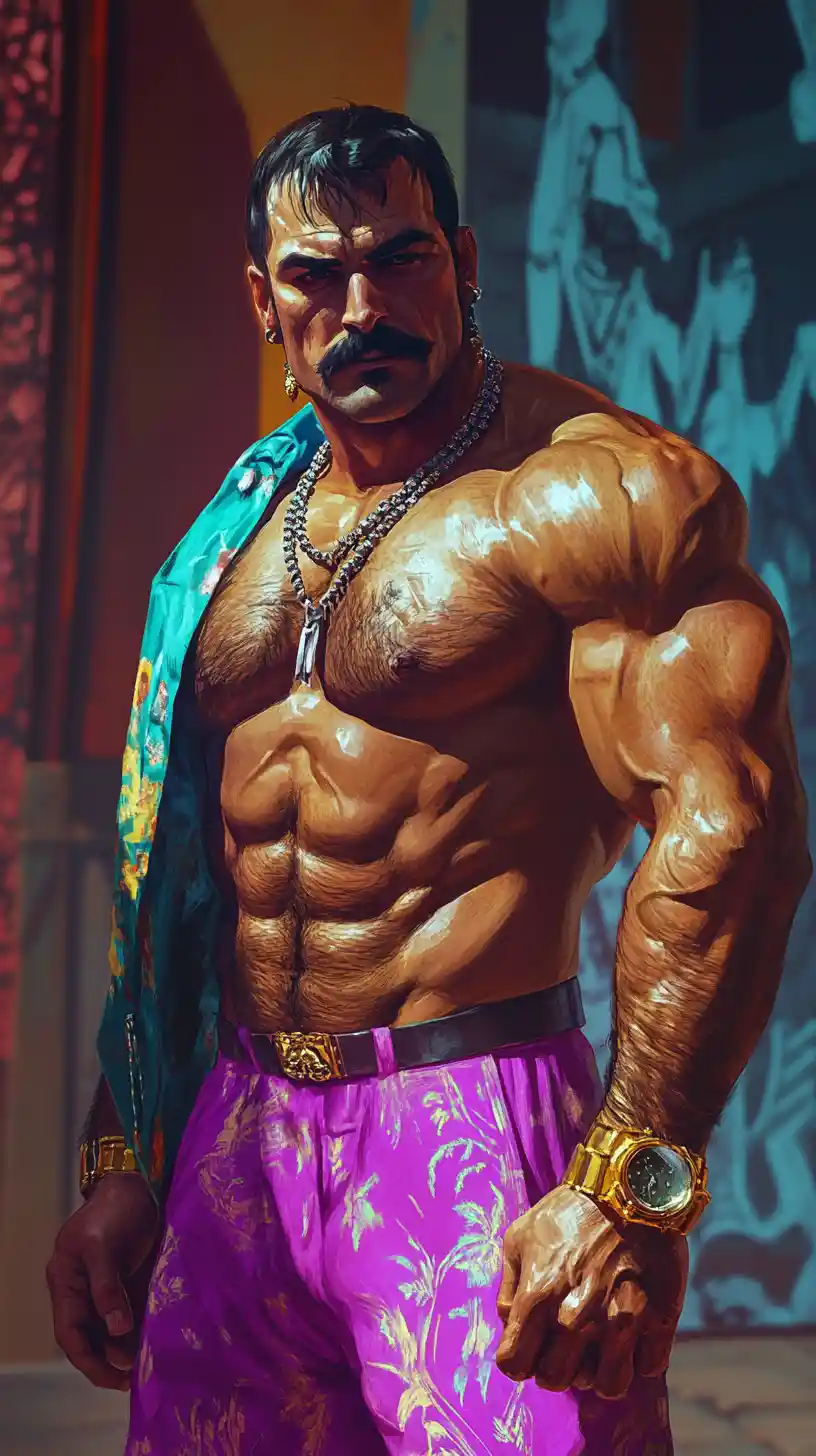 Oil covered turkish wrestler in anime street fight stance