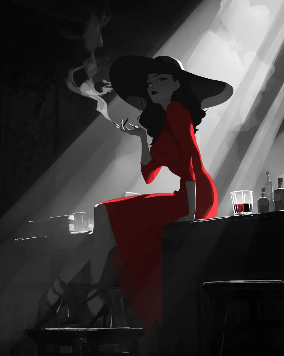 Mysterious woman in red at a smoky noir bar