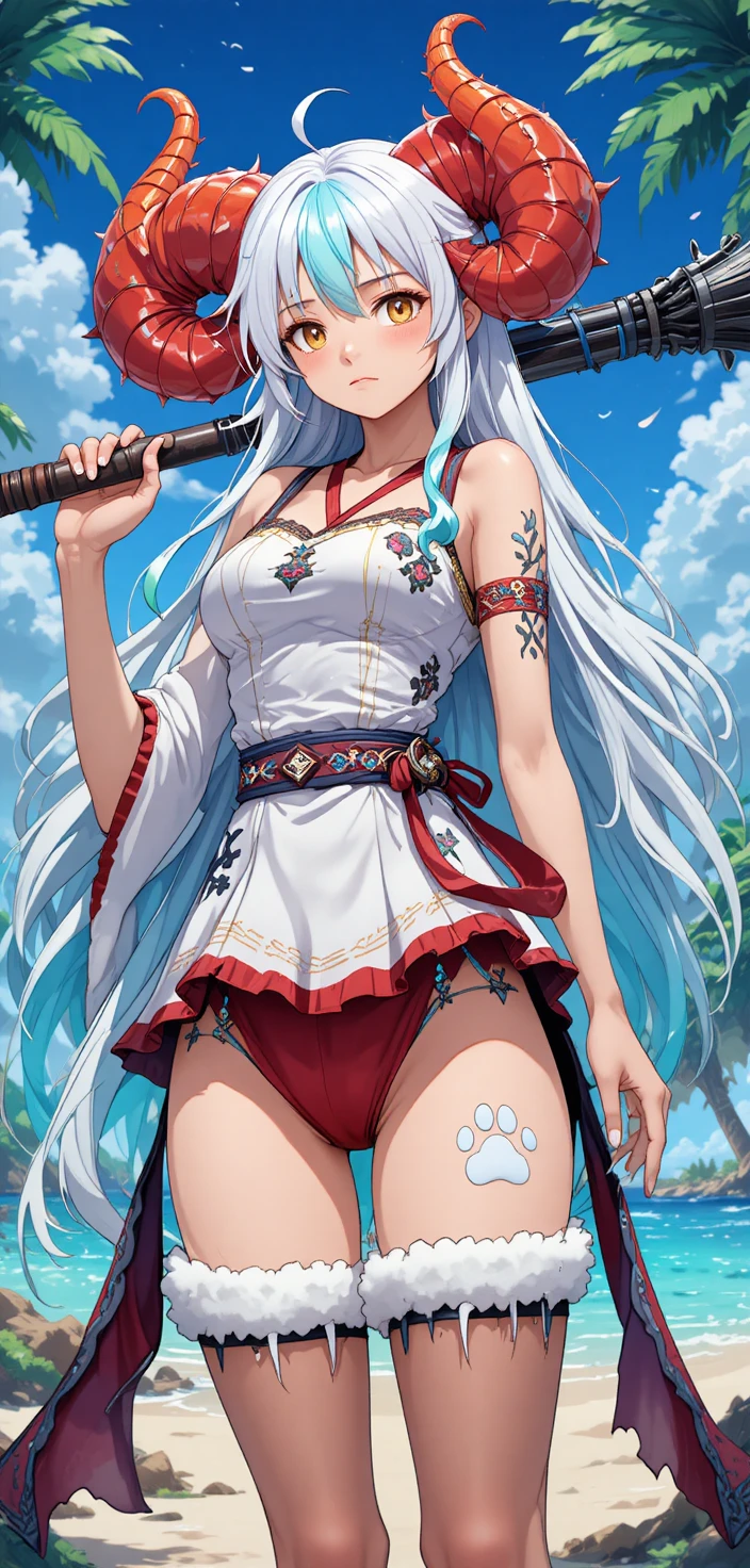 Anime horned warrior woman with kanabo on tropical island