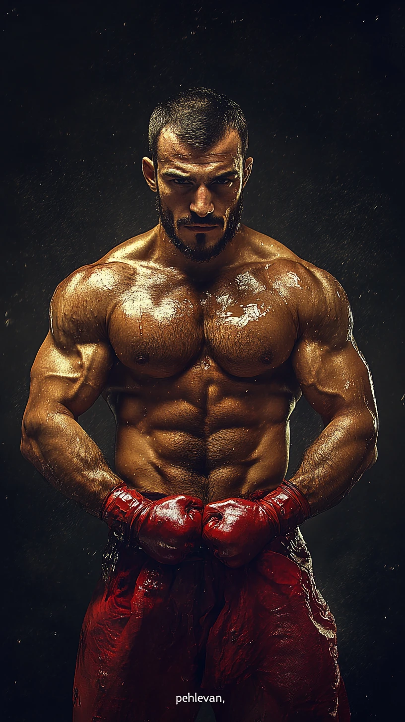 Oiled Turkish wrestler posing in a strong fighting stance