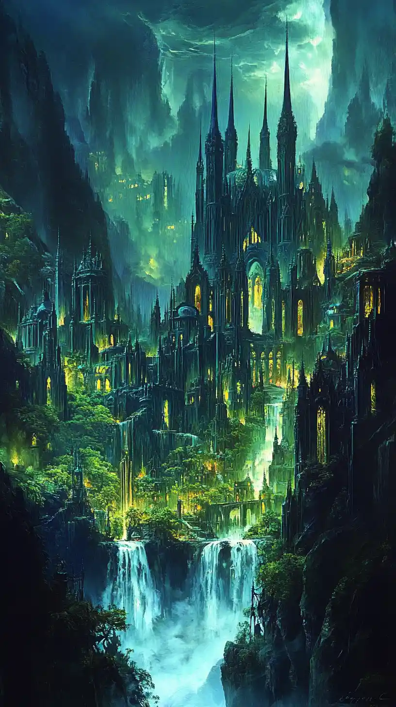 Mystical gothic city rising above forests and ocean