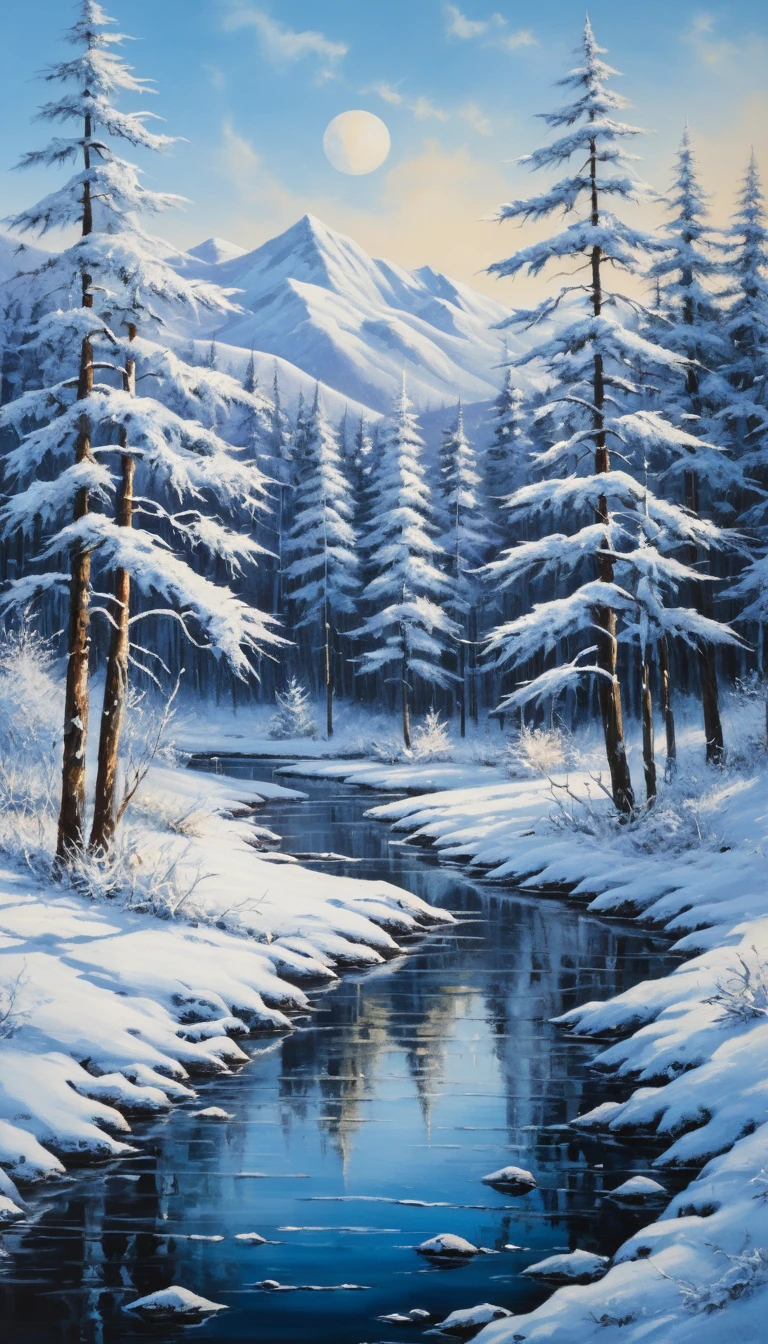 Serene Acrylic Painting Of A Vibrant Winter Landscape