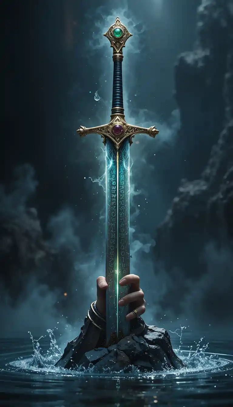 Legendary sword glowing with runes in ancient stone