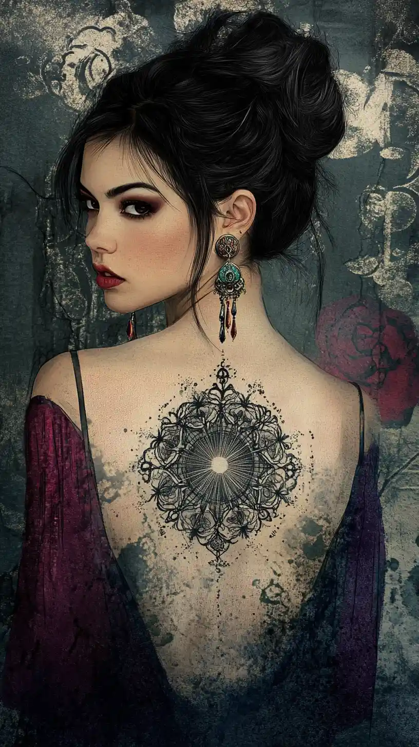 Young woman with celestial back tattoo in tattoo studio