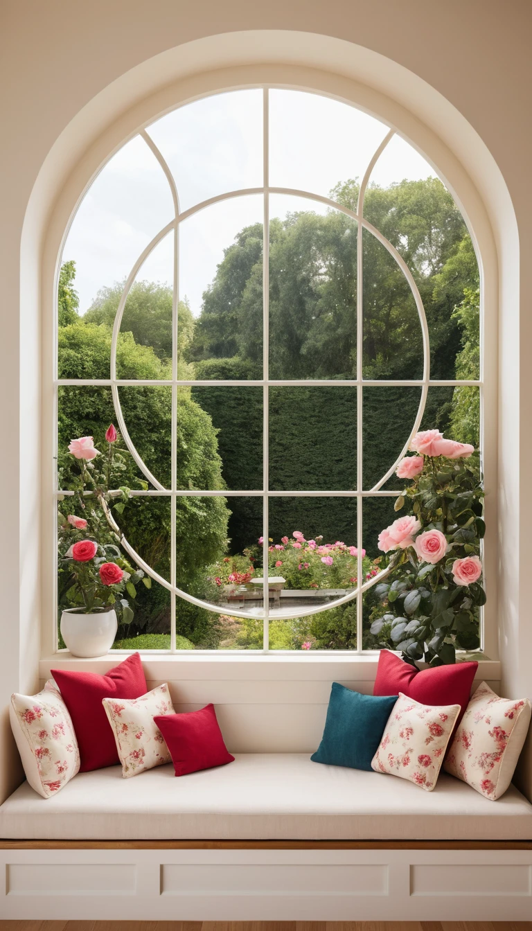 Cozy reading nook with round wooden window and roses