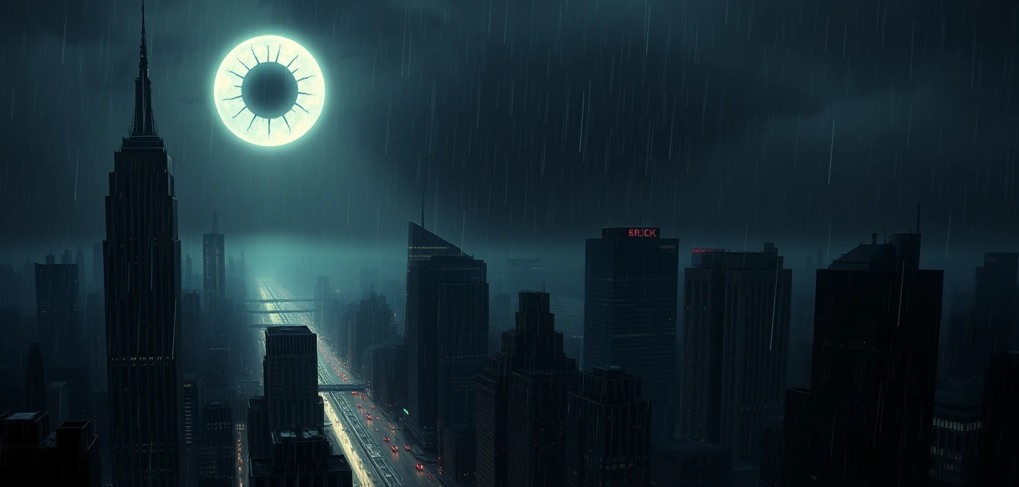 Enorme occhio luminoso sopra lo skyline cittadino piovoso a mezzanotte