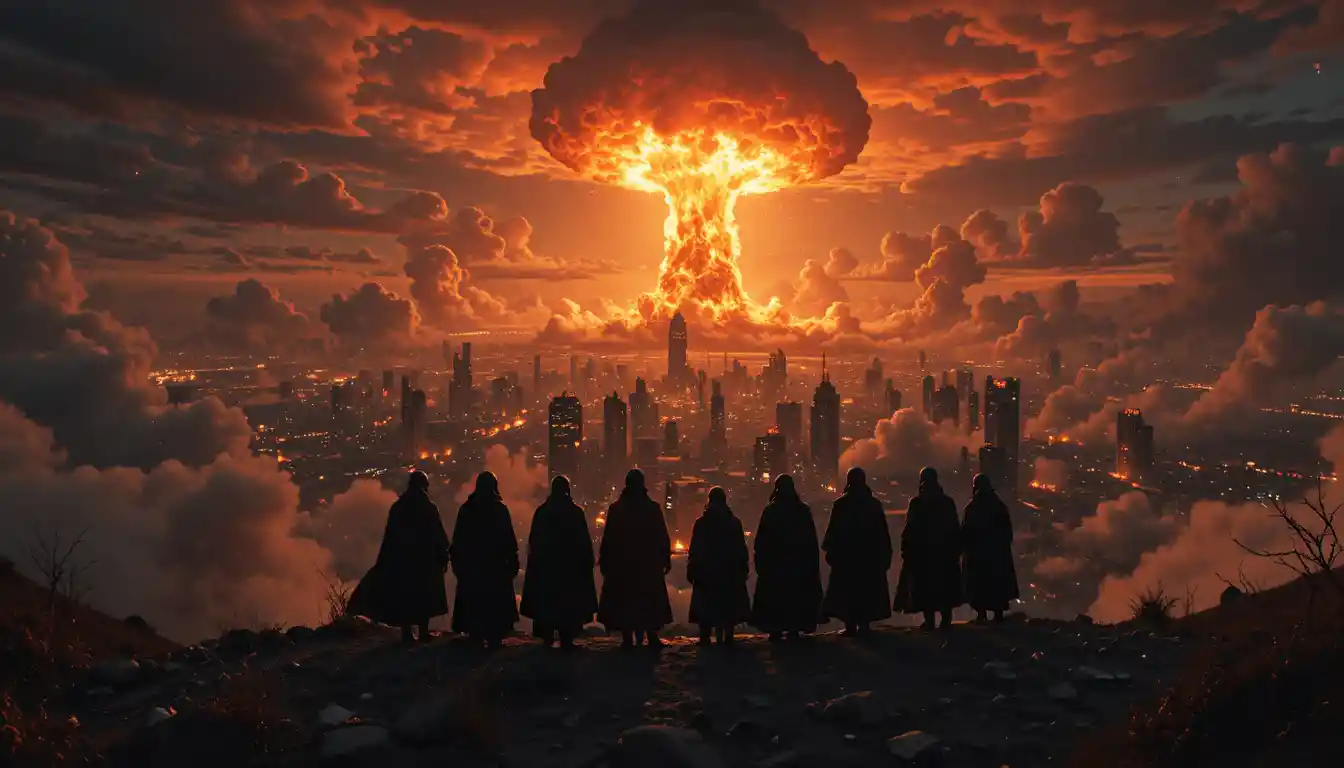 Choir Silhouettes Before A Burning City Apocalypse