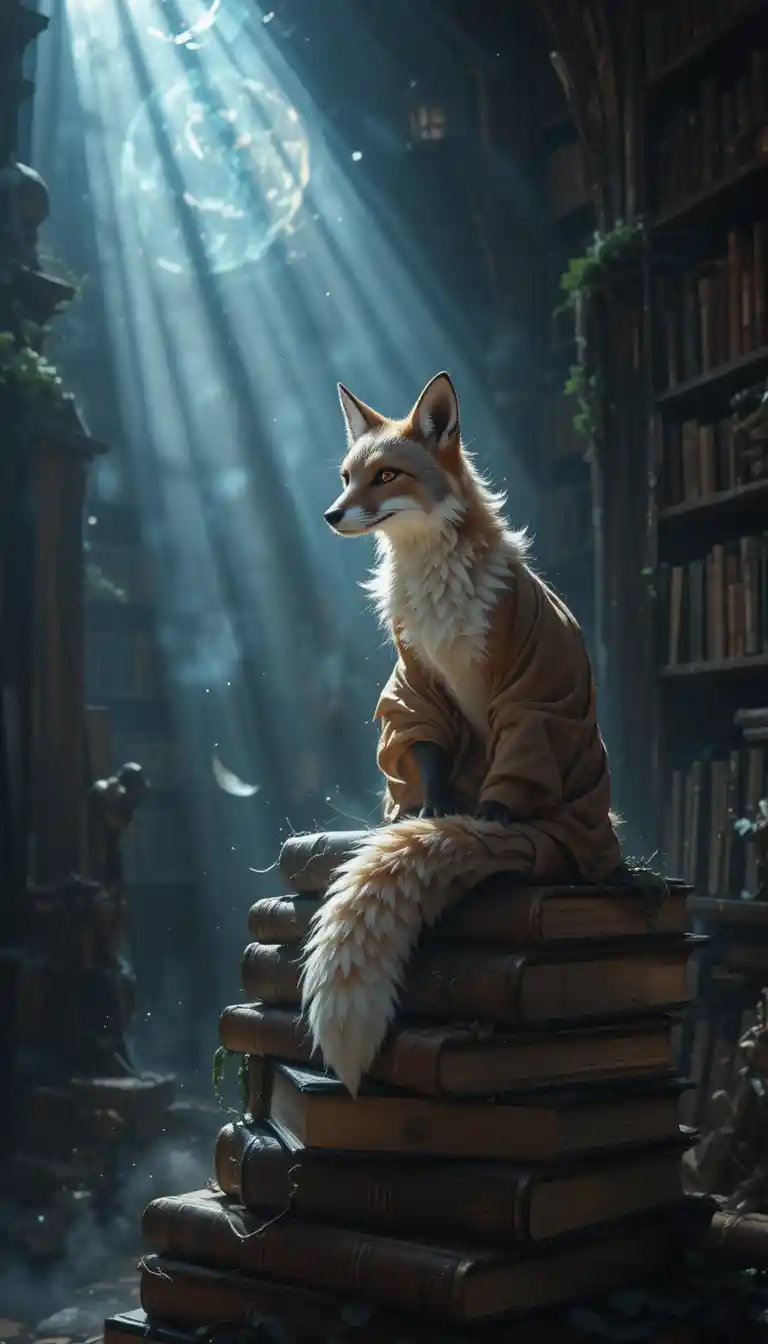 Zorro místico sobre libros antiguos en una biblioteca sombría