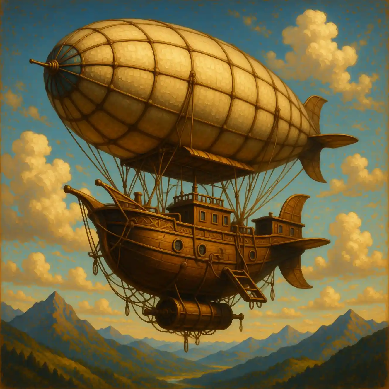 Tableau à l’huile détaillé d’un aéronef fantastique du XIXe siècle