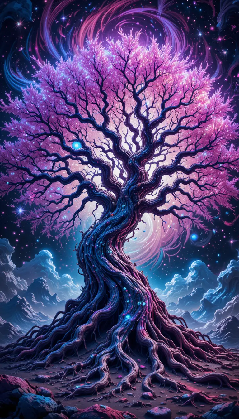 Neon cosmic tree with tangled roots in swirling sky