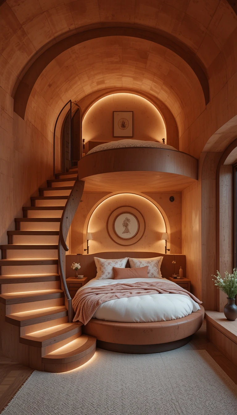 Cozy modern duplex bedroom with circular capsule bed