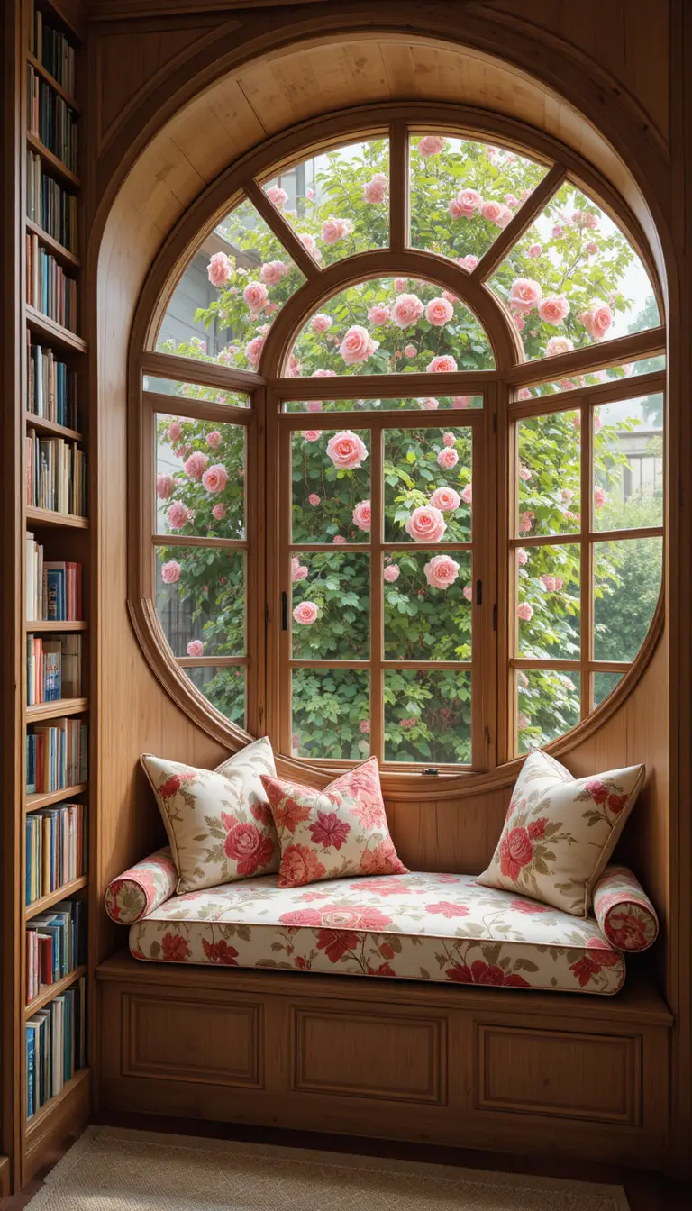 Cozy reading nook with round window and floral cushions