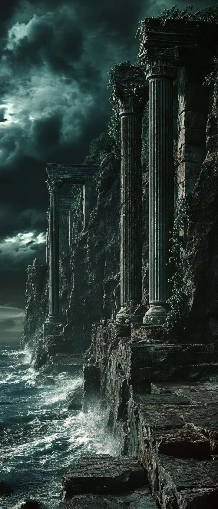 Ancient cliffside temples under storm clouds in low view