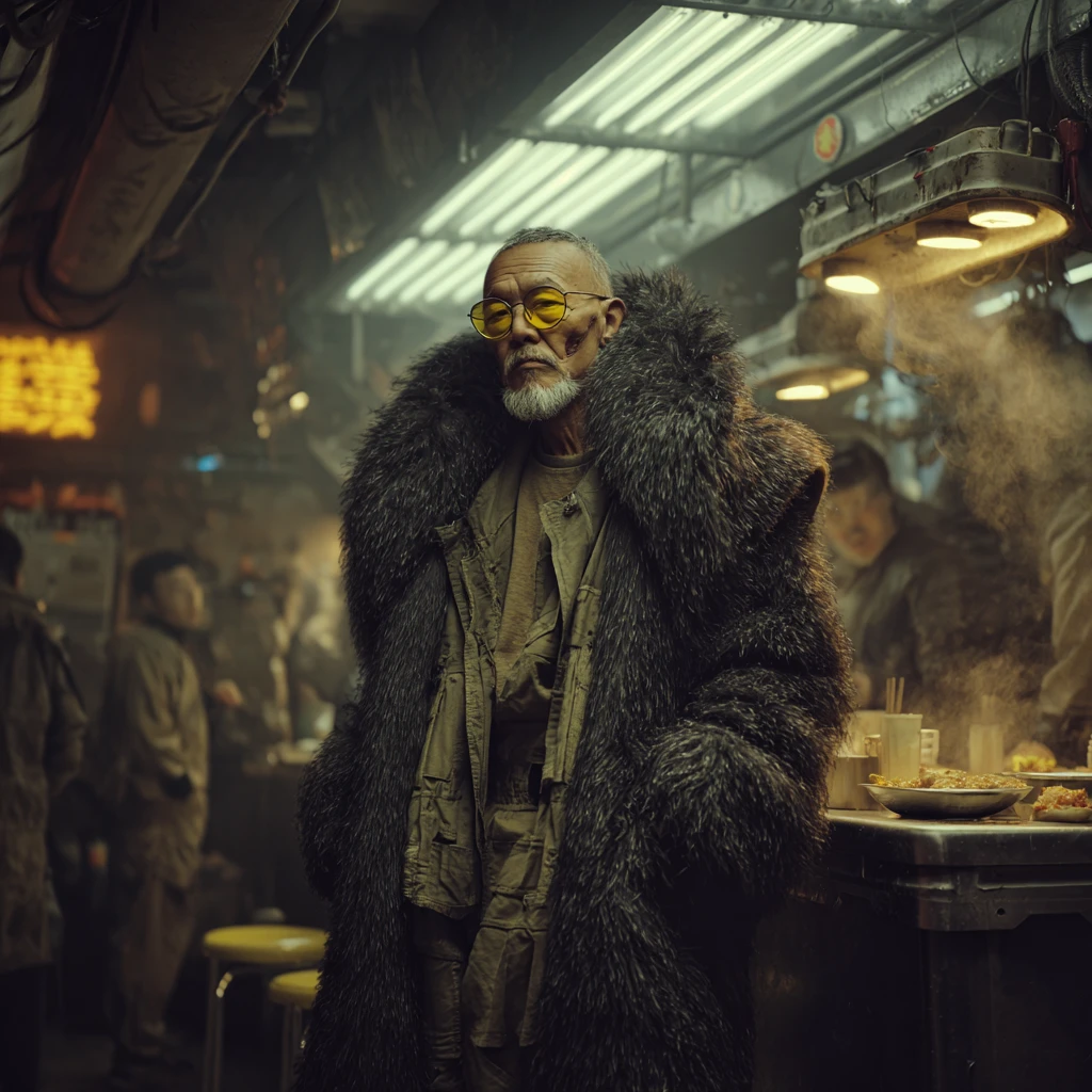 Elderly cyber warlord at a futuristic Hong Kong street stall