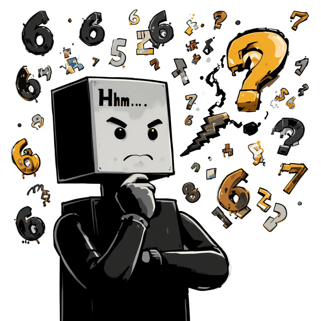 Pixel art cartoon thinker surrounded by floating digital symbols