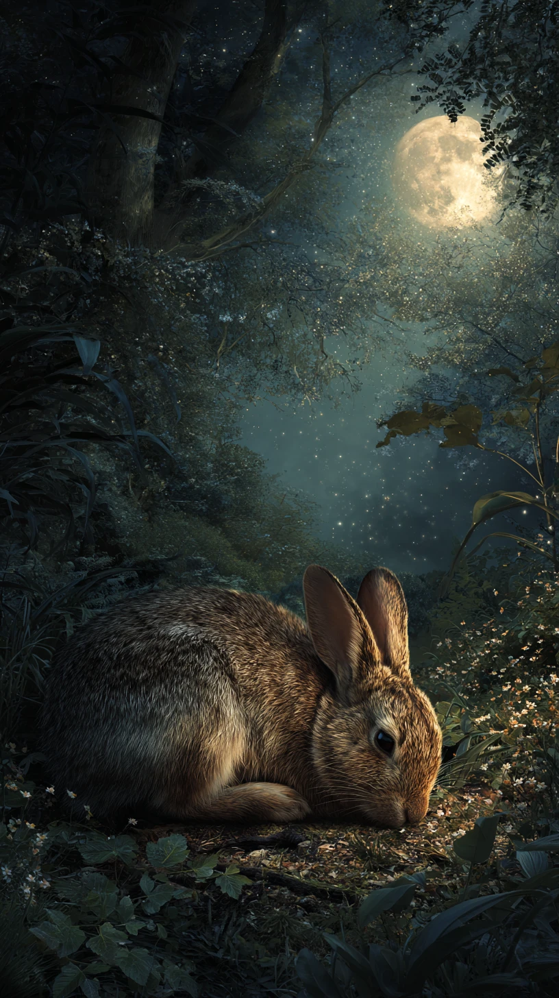 Rabbit resting in a quiet moonlit forest clearing