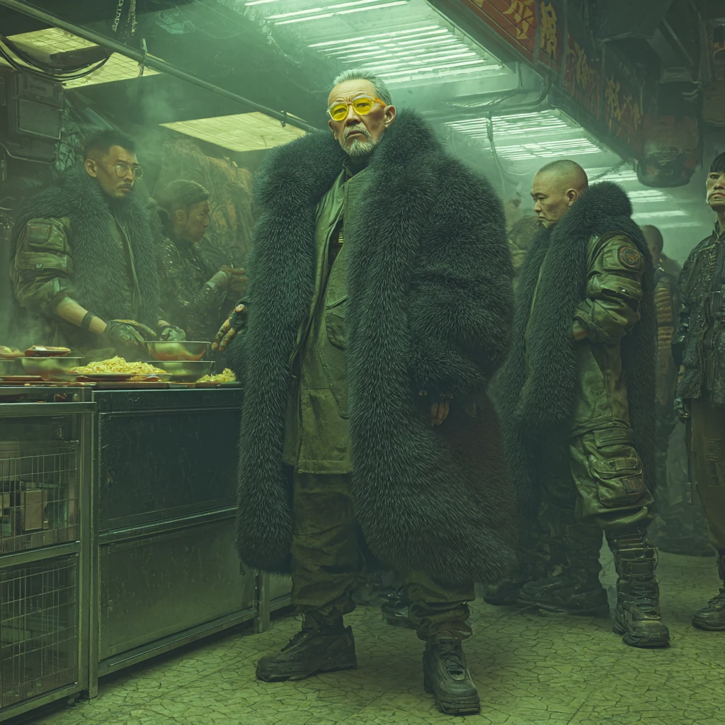 Elderly cyber warlord at neon drenched street food stall